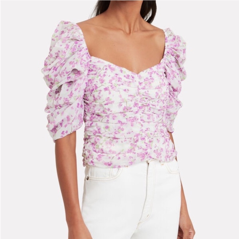 Caroline Constas Floral Print Ruched Puff Sleeve Top Blouse White Purple M $398